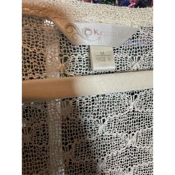 Krazy Kat Ivory Cream Open Knit Long Sleeve Button Front Lace hem Top - Picture 3 of 9